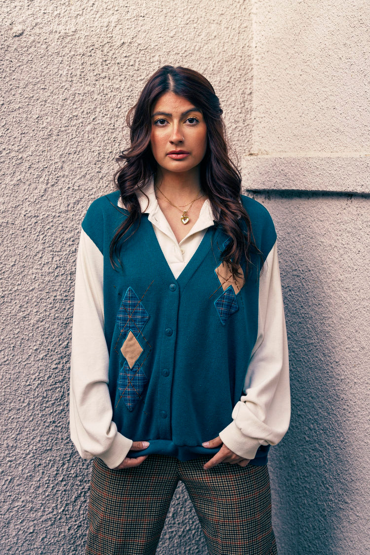 green & tan collared sweater